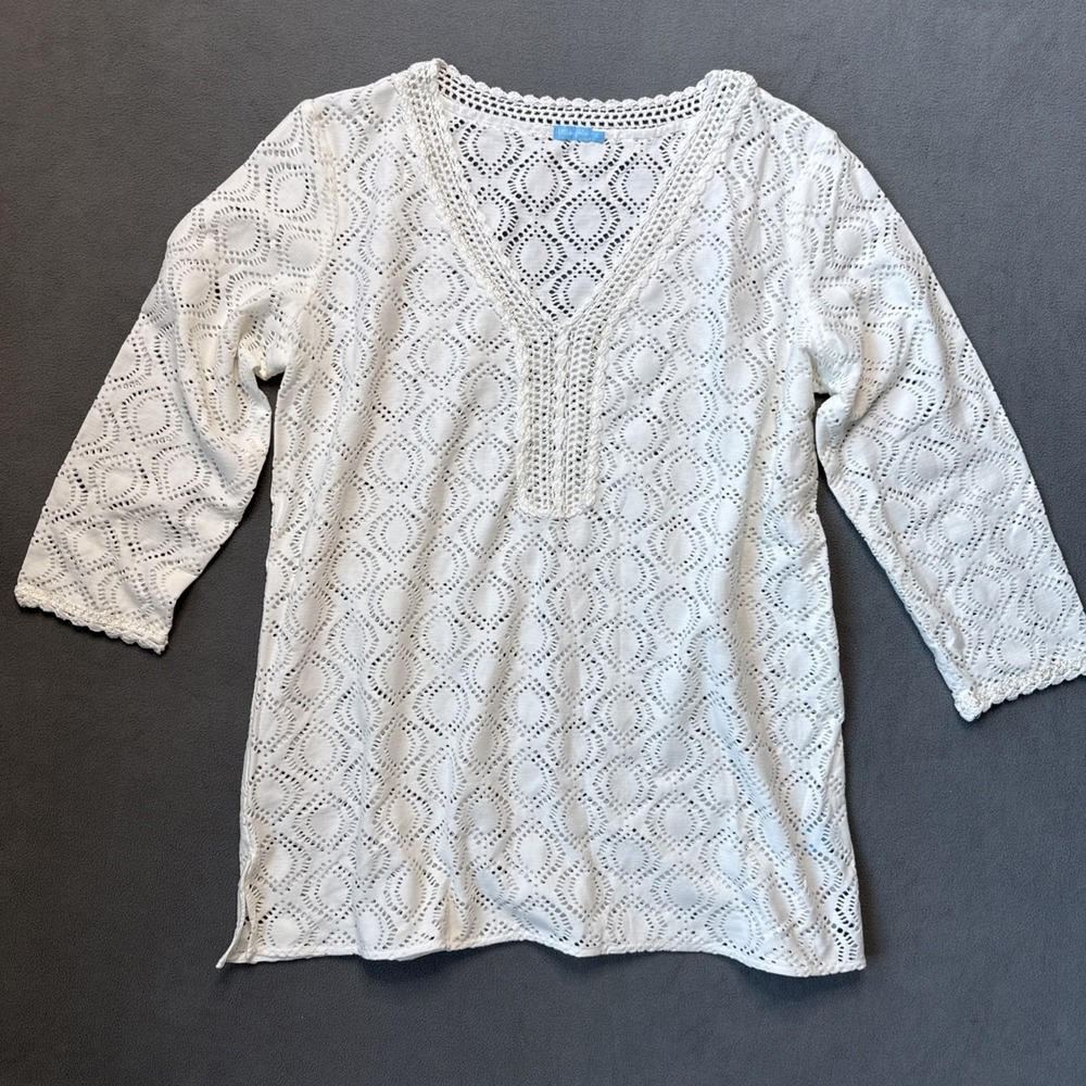 J Mclaughlin Tunic Womens XL White Eyelet V Neck Resortwear Beach Cover Up